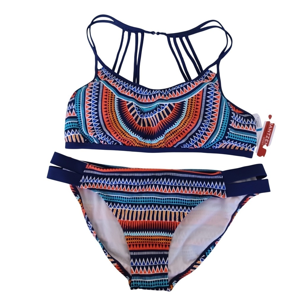 Jantzen Sport Womens XL 2 Piece Bikini Set Tribal‎ Geometric Navy JPSS9196 NWT